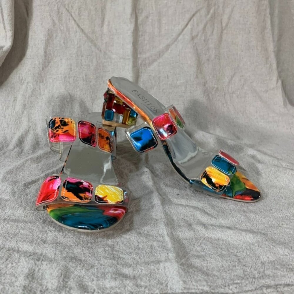 Womans 10 Sandal Heels Colorful Rainbow Gem Stone Costume Play